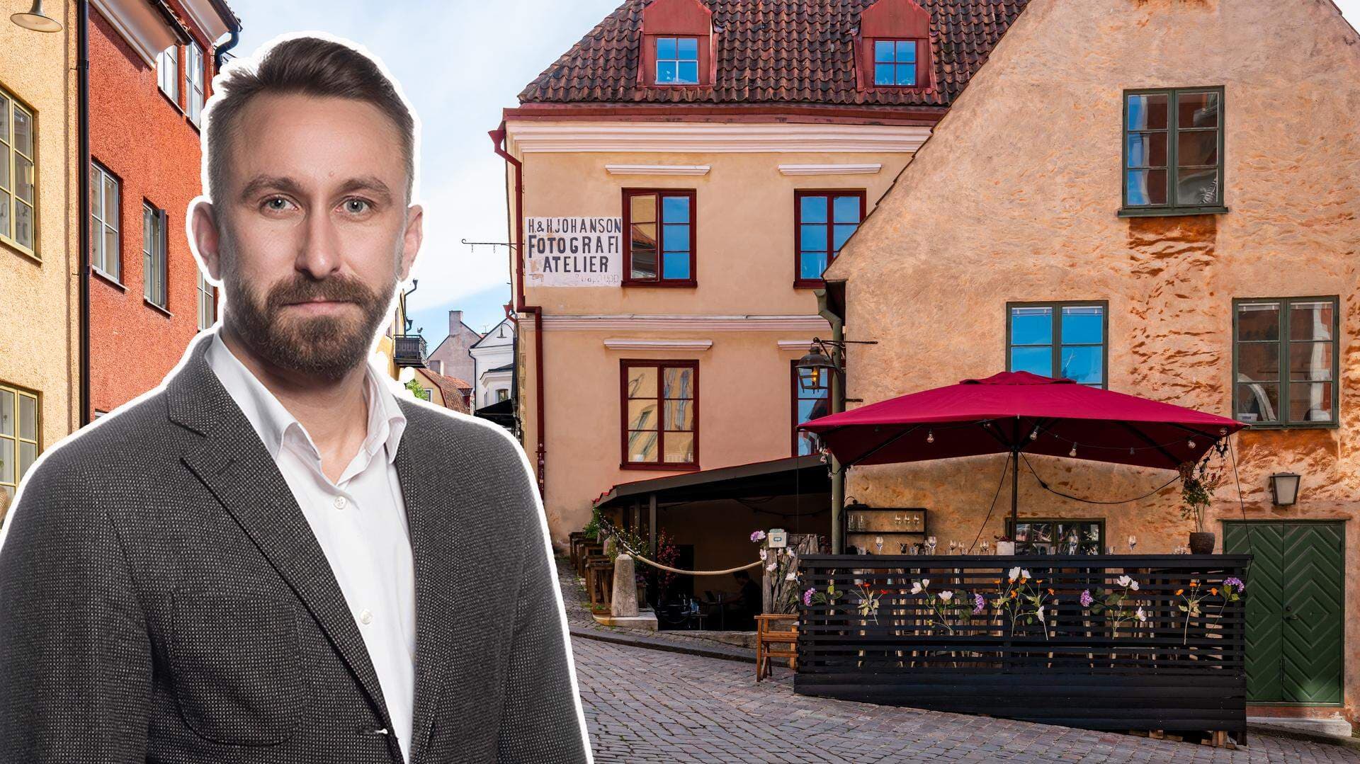 Bildkollage: Gatuvy i Visby och Olle Karstorp